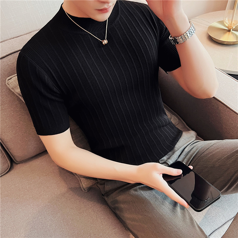 Men's Sweaters Men's High-End Casual Short Sleeve knitting Sweater/Male High collar Slim Fit Stripe Set head Knit Shirts Plus size S-4XL 220