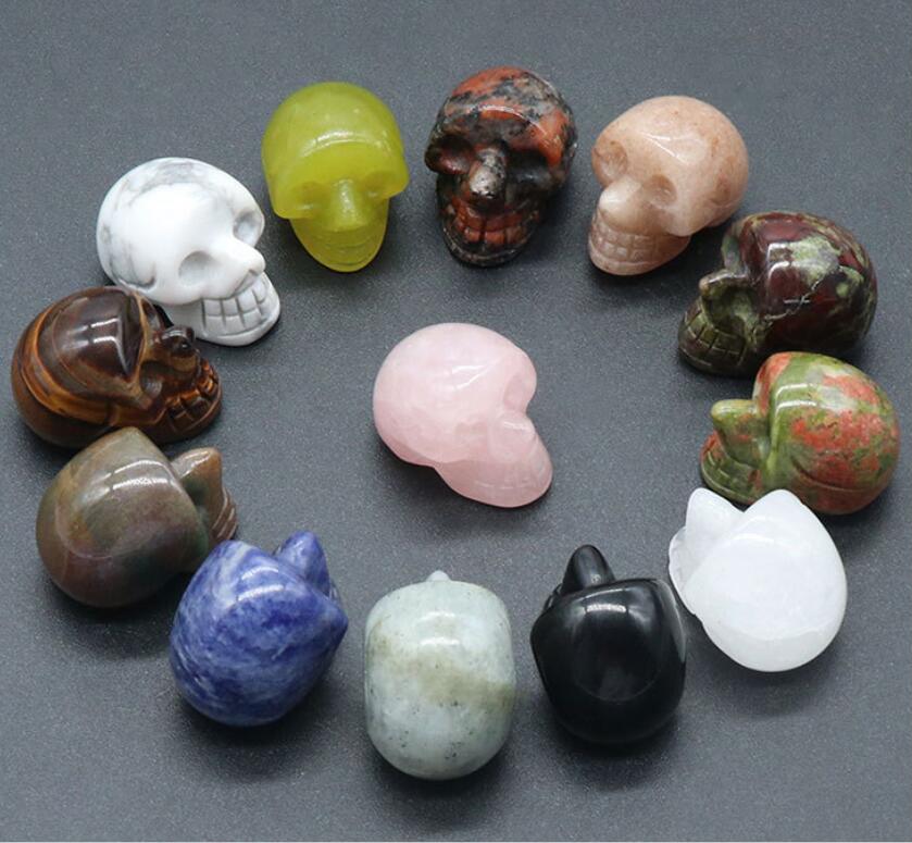 Natural Stone Carved Skull Decoration Tiger's Eye Rose Quartz Healing Crystal Halloween Gift Room Ornament