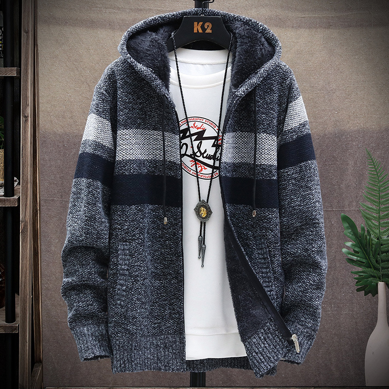 Men's Sweaters Winter Fleece Warm Sweater Men Hooded Cardigan Mens Striped Patchwork Slim Sweaters Coat Knitted Men's Christmas Jumper Cloth
