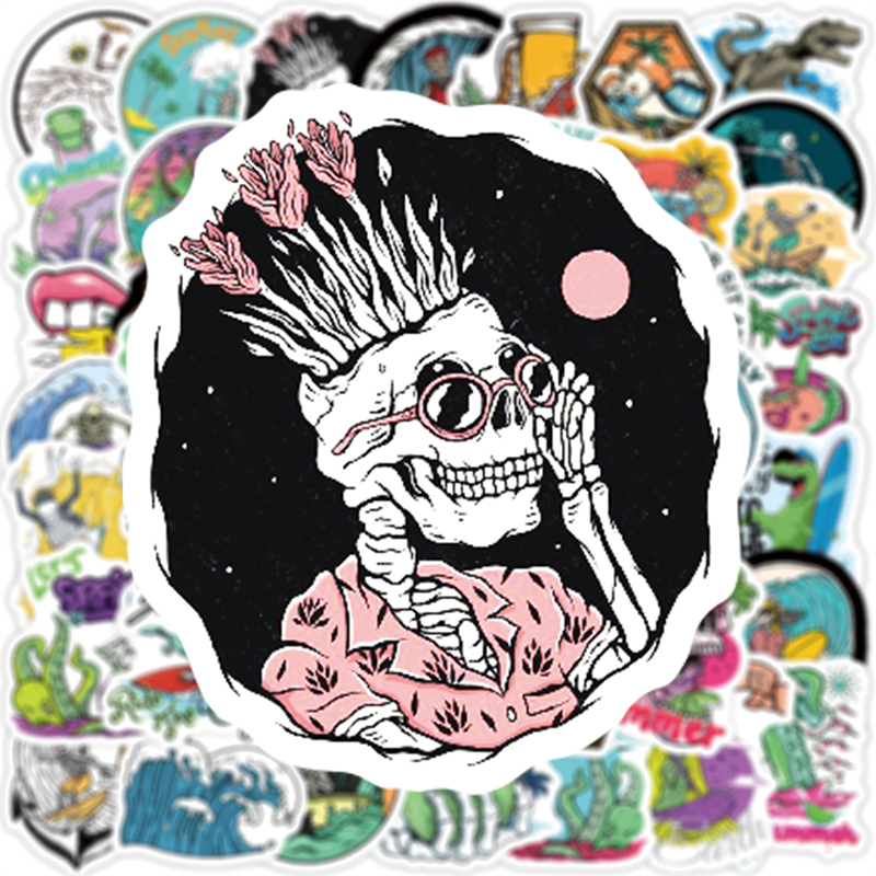 50pcs Funny Summer Skull Surfing Stickers Beach Travel Graffiti Kids Toy Skateboard car Motorcycle Bicycle Sticker Decals Wholesale