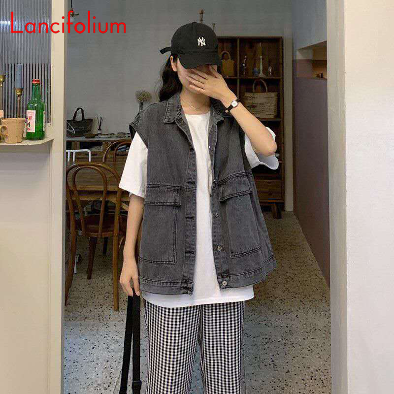 Women's Vests BF Blue Denim Women Vintage 8size Korean Big Pocket Black Jean Kpop Sleeveless Cardigan Tank Top Jacket Coat 220928