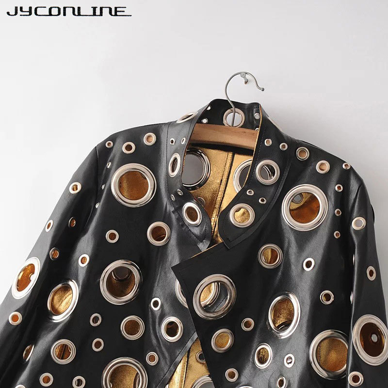 JYConline 2017 Fashion PU Women Jacket Autumn Metal Motor Punk Bomber Jacket Silver Golden Hollow Out Jacket Female Streetwear S18101302