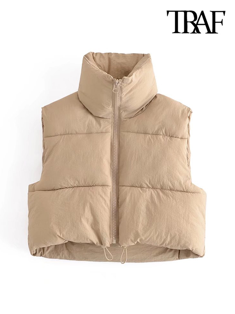 Women's Vests TRAF Women Fashion Adjustable Hem Zip-up Crop Padded Waistcoat Vintage High Neck Sleeveless Female Outerwear Chic Vest Tops 220928