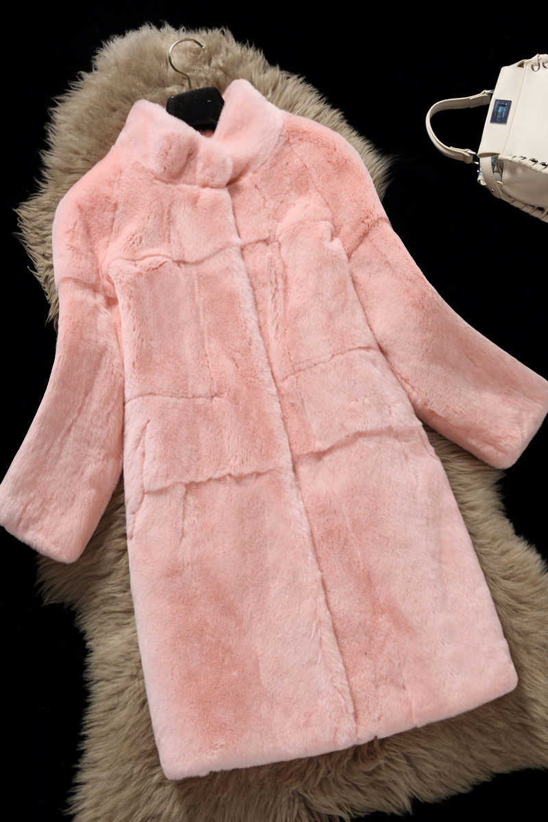 Women's Fur Faux winter stand collar whole skin natural Rex fur coat female nine points sleeves long outerwear coats women's clothing 220928