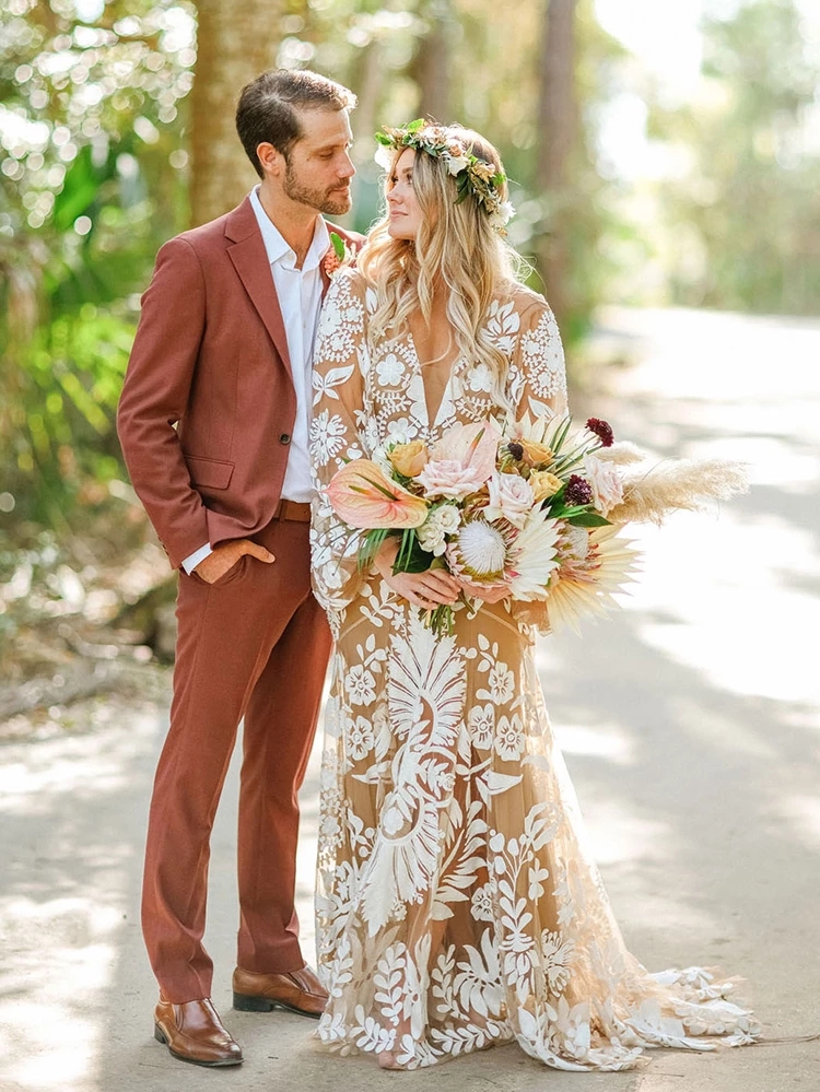 Boho Outdoor Destination mermaid Wedding Dresses Slip Lace Robe Long Sleeves Illusion Backless Elopement bohemain Bridal Gowns Rue de Seine