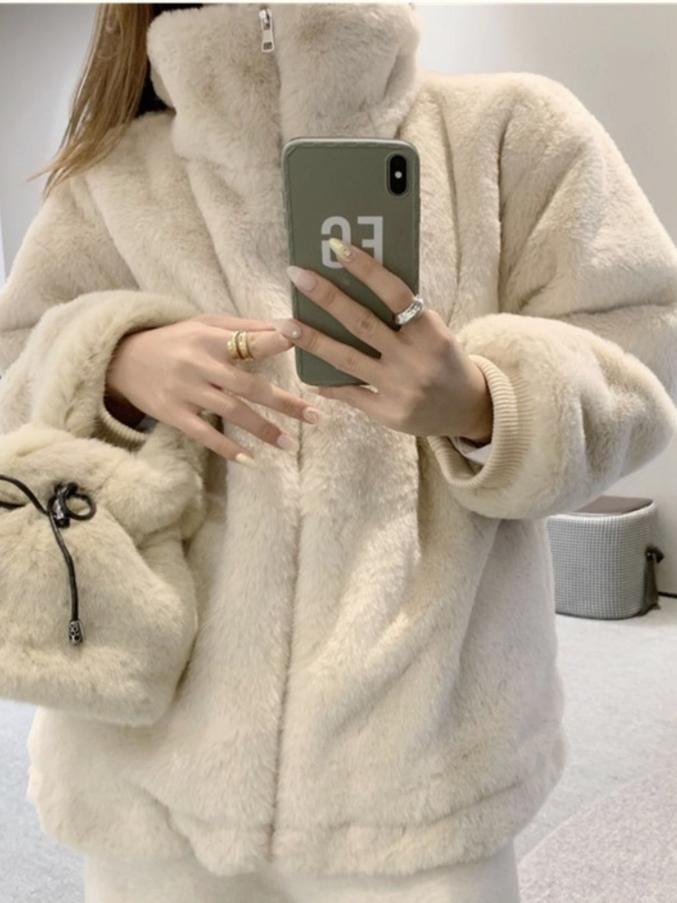 Womens Fur Faux Winter Jacket Thick Warm Artificial Rabbit Short Coats Loose Casual Zipper Pink Coat for Women 220927