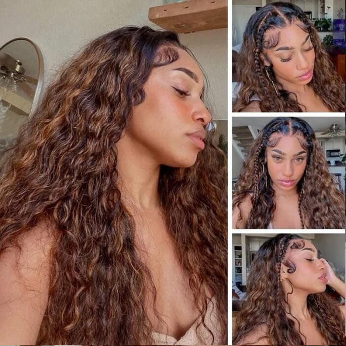 Highlight Ombre Brown Lace Front Wig Water Wave for Women Brazilian Unprocessed Human Virgin Hair 360 Frontal Wig Pre Plucked P430 150% Density