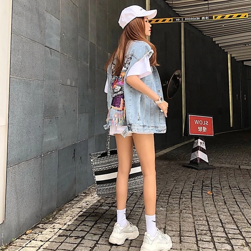 Women's Vests Denim Vest Jacket Back Cat Spring Summer Korean Style Women Cardigan Loose Hole Ribbon Waistcoat Fashion Jeans Gilet Coat 220928