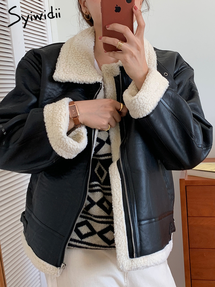 Women's Fur Faux Syiwidii Coat Fall Winter Jacket for Women Loose Warm Lambswool Thicken Locomotive Lapel Female PU Outerwear 220928