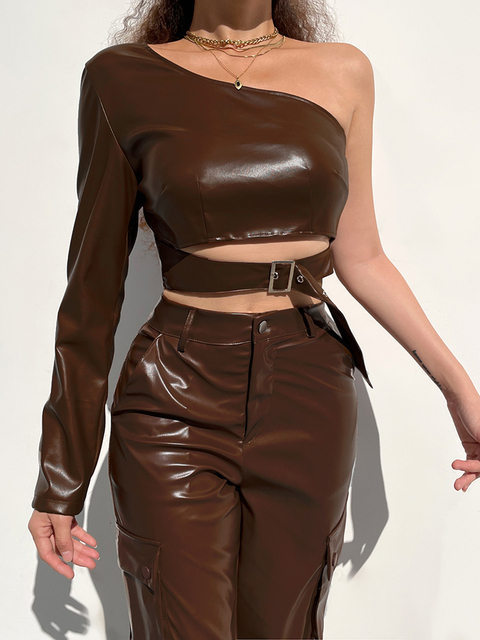 Women's Leather Faux Weekeep Gothic Black PU Jacket Women One Shoulder Halter Buckle Hip Hop Outfits Fashion Streetwear Cropped Jackets Solid 220