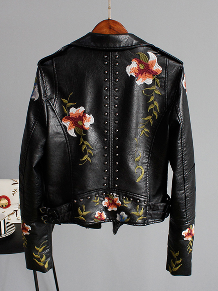Women's Leather Faux Ly Varey Lin Floral Print Embroidery Soft Jacket Women Pu Motorcycle Coat Female Black Punk Zipper Rivet Outerwear 220928