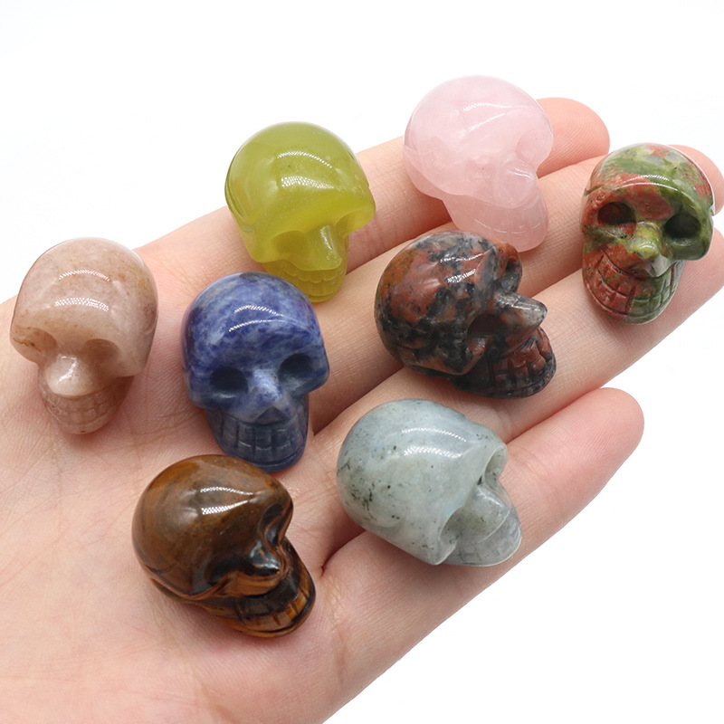 Natural Stone Carved Skull Decoration Tiger's Eye Rose Quartz Healing Crystal Halloween Gift Room Ornament
