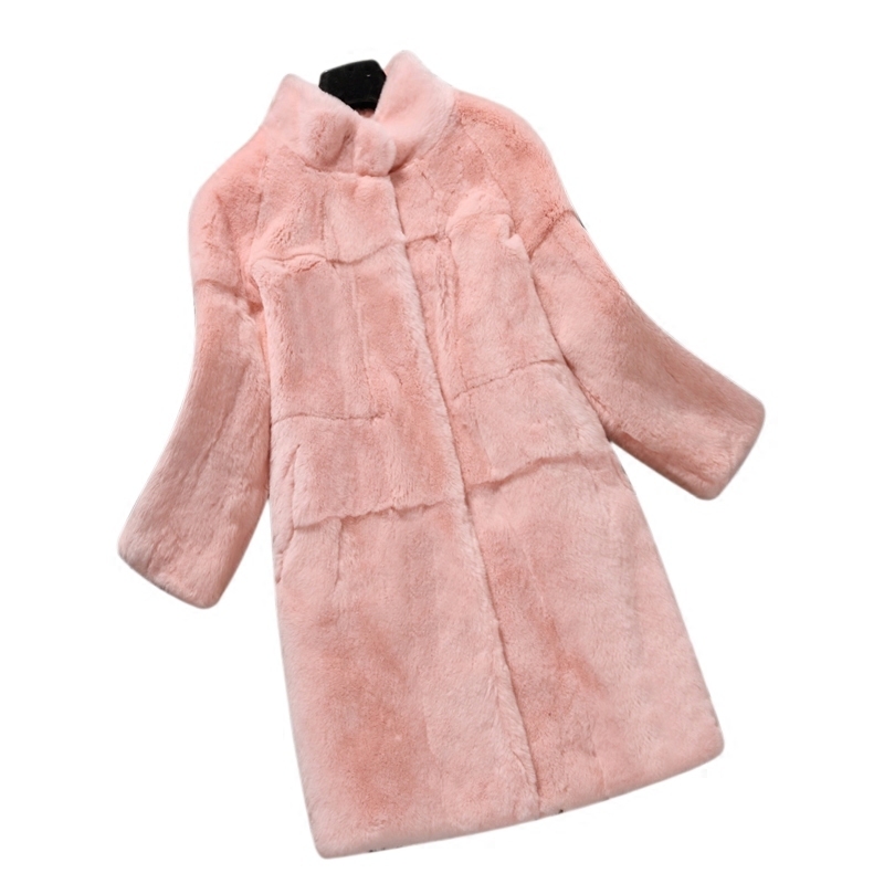 Women's Fur Faux winter stand collar whole skin natural Rex fur coat female nine points sleeves long outerwear coats women's clothing 220928