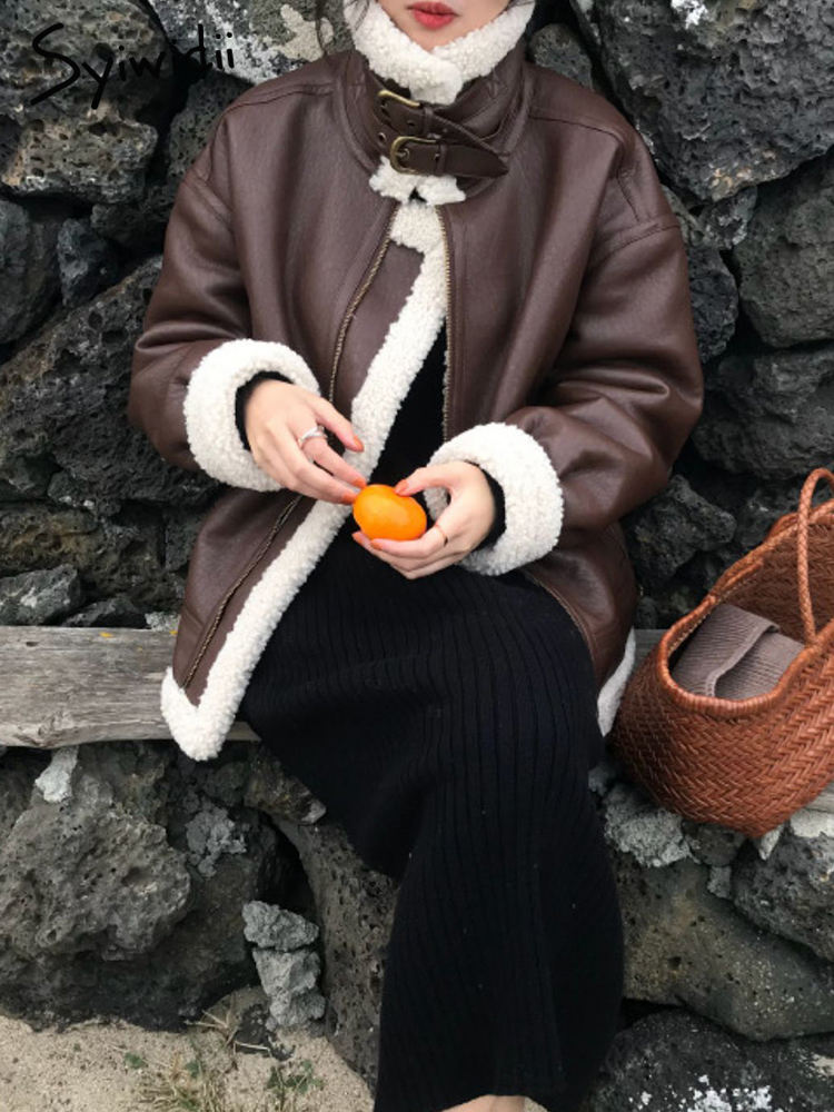 Women's Fur Faux Syiwidii Coat Fall Winter Jacket for Women Loose Warm Lambswool Thicken Locomotive Lapel Female PU Outerwear 220928