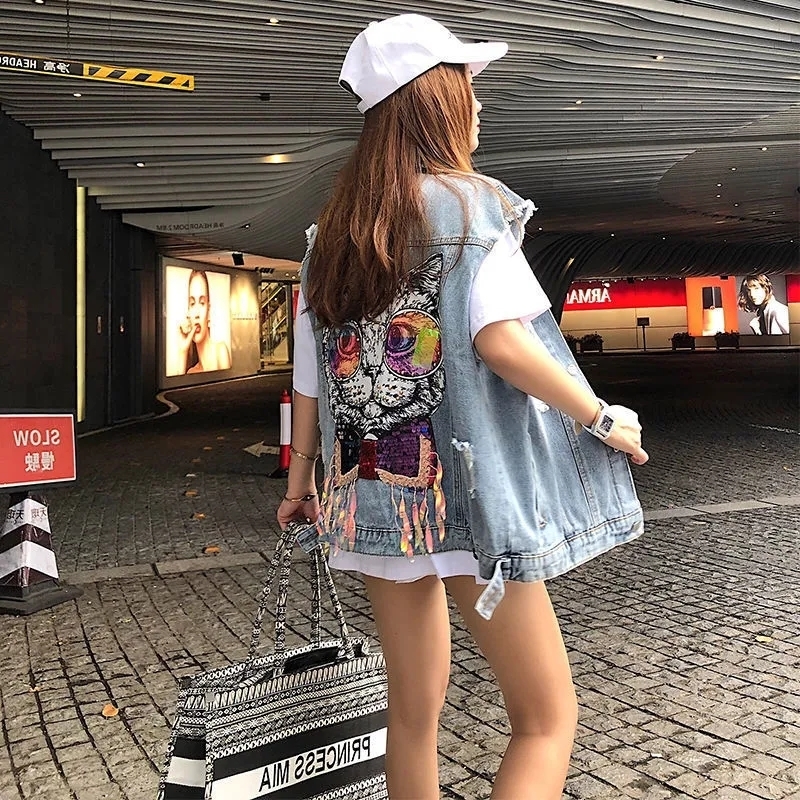 Women's Vests Denim Vest Jacket Back Cat Spring Summer Korean Style Women Cardigan Loose Hole Ribbon Waistcoat Fashion Jeans Gilet Coat 220928