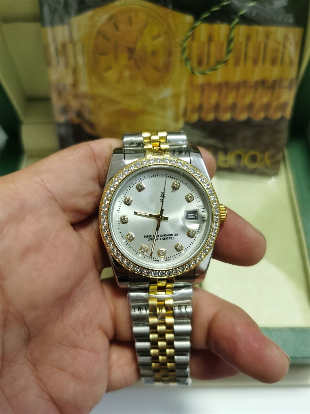 Original box certificate 18k Gold President Male Watches Day Date Diamonds gold dial Watch Men Stainless Diamond Bezel Automatic WristWatch 2022