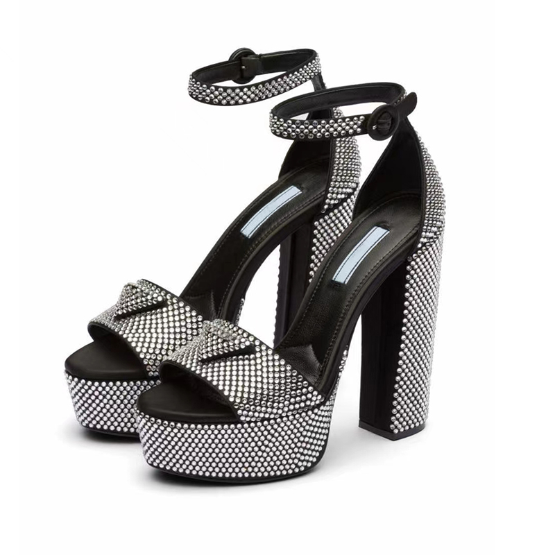 Rhinestone Sandals Womens Dress Shoes High Heeled Women Sandal Luxury Designers Platform Heel Classic Triangle Buckle Embellished Ankle Strap Banquet shoes