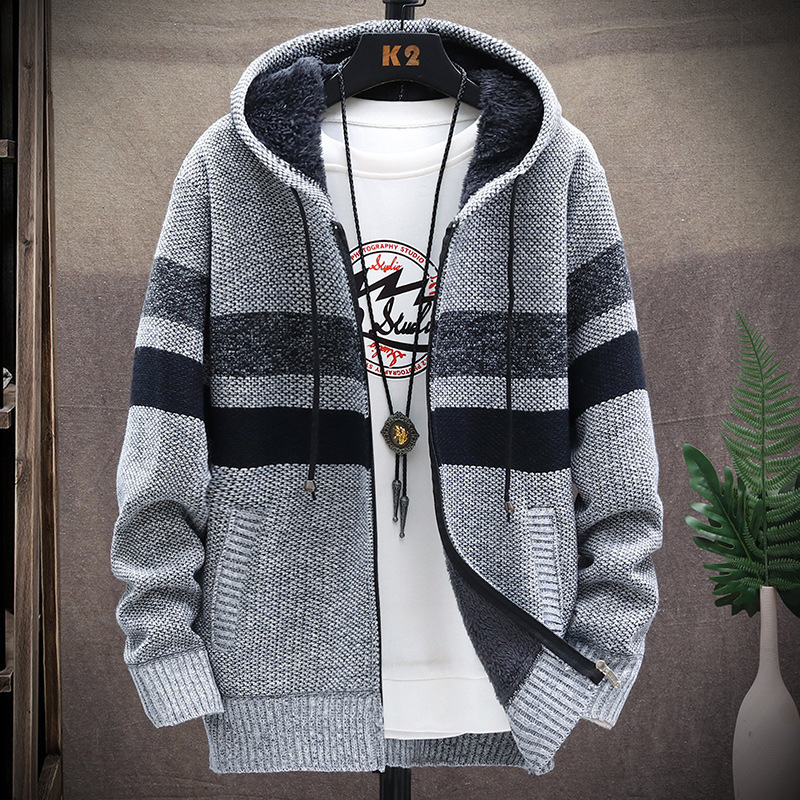 Men's Sweaters Winter Fleece Warm Sweater Men Hooded Cardigan Mens Striped Patchwork Slim Sweaters Coat Knitted Men's Christmas Jumper Cloth