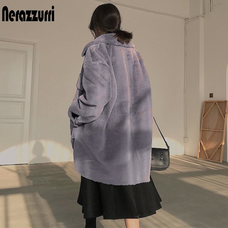 Women's Fur Faux Nerazzurri Oversized warm soft furry faux fur coats for women long sleeve buttons Gray fluffy jacket Winter clothes 220928