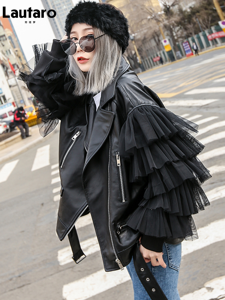 Women's Leather Faux Lautaro Autumn Short Black Oversized Lace Patchwork Biker Jacket Long Sleeve Loose Womans Clothing Fashionable Outerwear 220