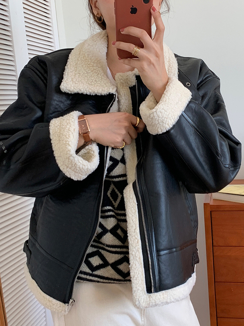 Women's Fur Faux Syiwidii Coat Fall Winter Jacket for Women Loose Warm Lambswool Thicken Locomotive Lapel Female PU Outerwear 220928