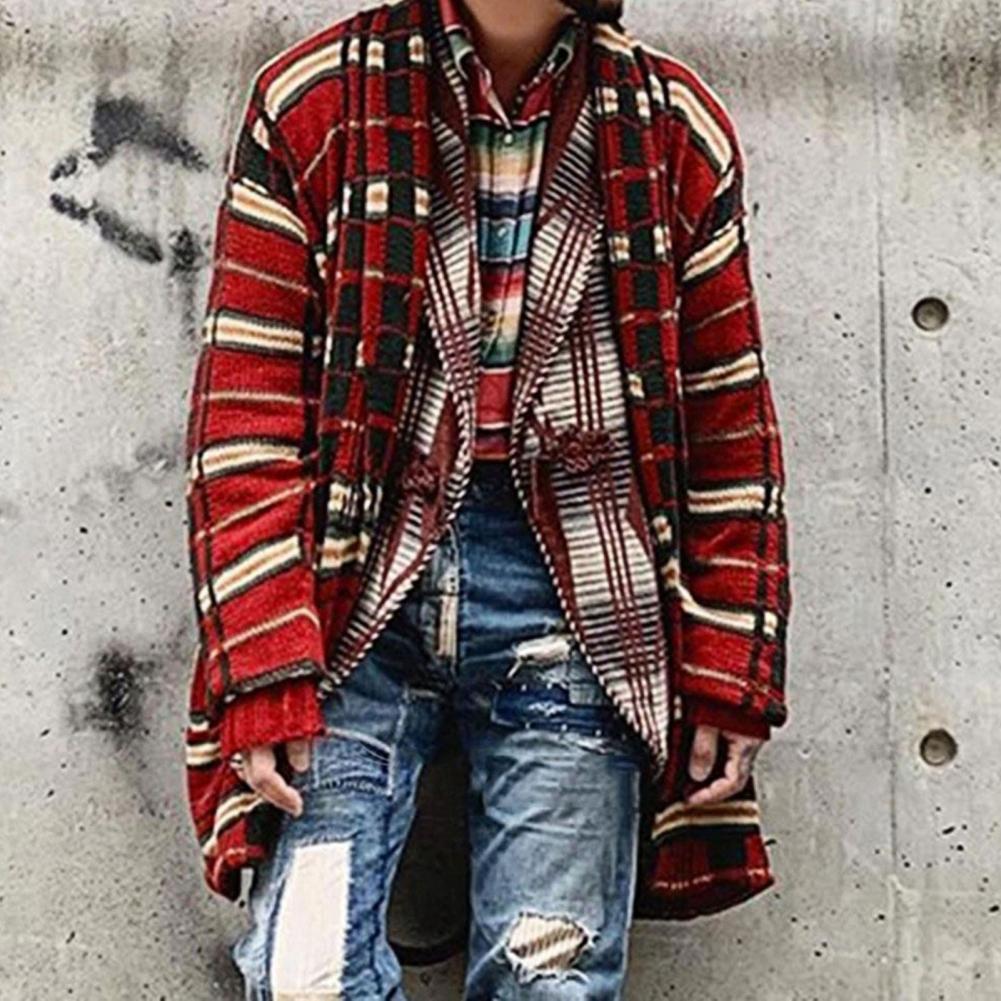Men's Sweaters Plus Size Knitted Long Sleeve Men Casual Loose Cardigan Autumn Winter Open Front Plaid Printed Cardigan Sweater Outerwear 220928