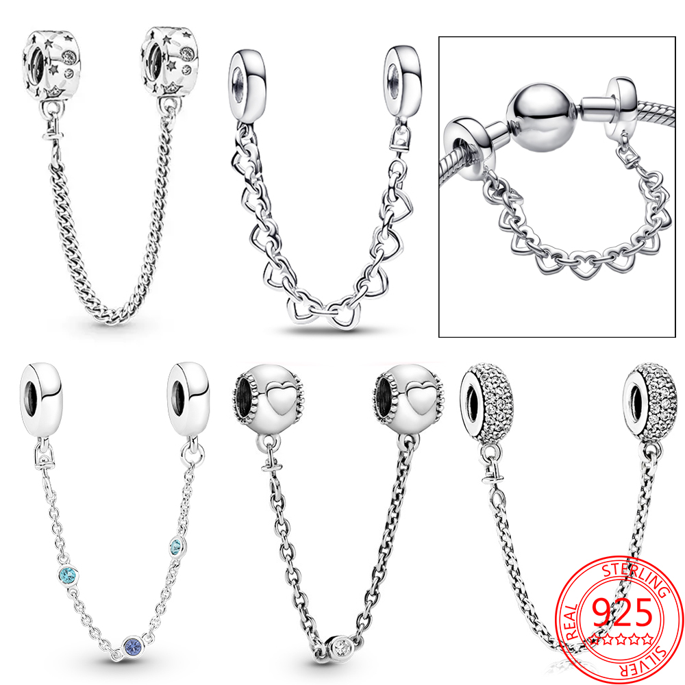 The New Popular S925 Sterling Silver Classic Silver Colored Zircon Triple Bluestone Security Chain Home Heart Charm Fits Bracelet DIY Jewelry Accessories
