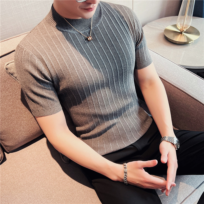 Men's Sweaters Men's High-End Casual Short Sleeve knitting Sweater/Male High collar Slim Fit Stripe Set head Knit Shirts Plus size S-4XL 220