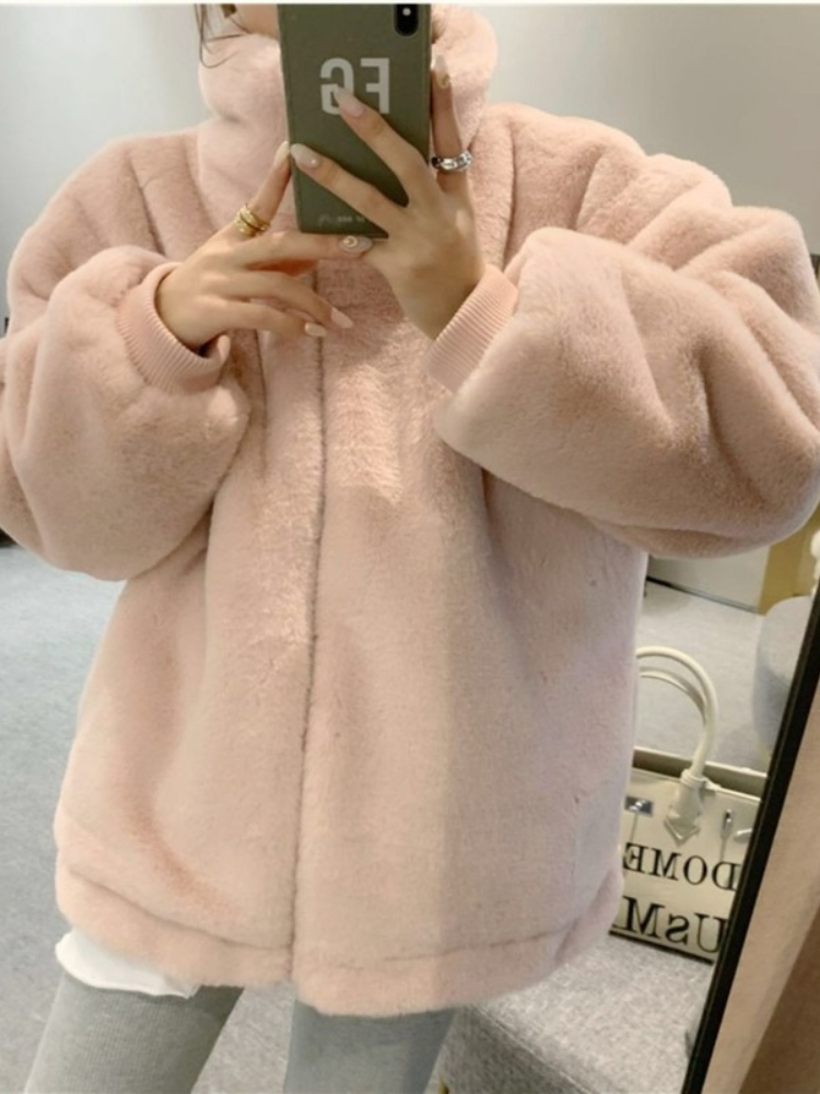 Womens Fur Faux Winter Jacket Thick Warm Artificial Rabbit Short Coats Loose Casual Zipper Pink Coat for Women 220927
