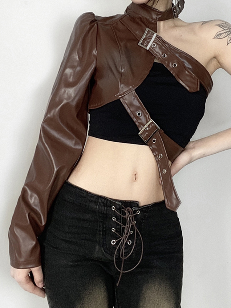 Women's Leather Faux Weekeep Gothic Black PU Jacket Women One Shoulder Halter Buckle Hip Hop Outfits Fashion Streetwear Cropped Jackets Solid 220