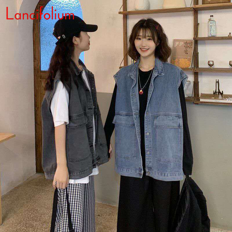Women's Vests BF Blue Denim Women Vintage 8size Korean Big Pocket Black Jean Kpop Sleeveless Cardigan Tank Top Jacket Coat 220928