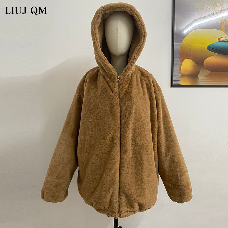 Women's Fur Faux Oversize Parkas Winter Jacket Female Loose Rabbit Zip Hooded Thicken Short Coat Thick ry Warm 220928