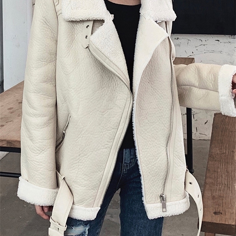 Women's Leather Faux Ailegogo Women Lamb Fur Jacket Coat Turn Down Collar Winter Thick Warm Zipper With Belt Outerwear 220928