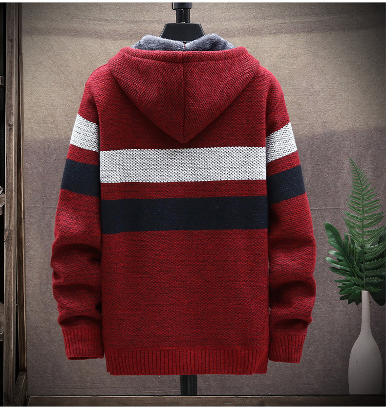 Men's Sweaters Winter Fleece Warm Sweater Men Hooded Cardigan Mens Striped Patchwork Slim Sweaters Coat Knitted Men's Christmas Jumper Cloth
