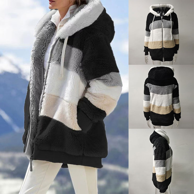 Women's Fur Faux Winter Jacket Plush Patchwork Zipper Pocket Hooded Woman Coat Plus Size Thick Warm Women Top Outerwear 220928