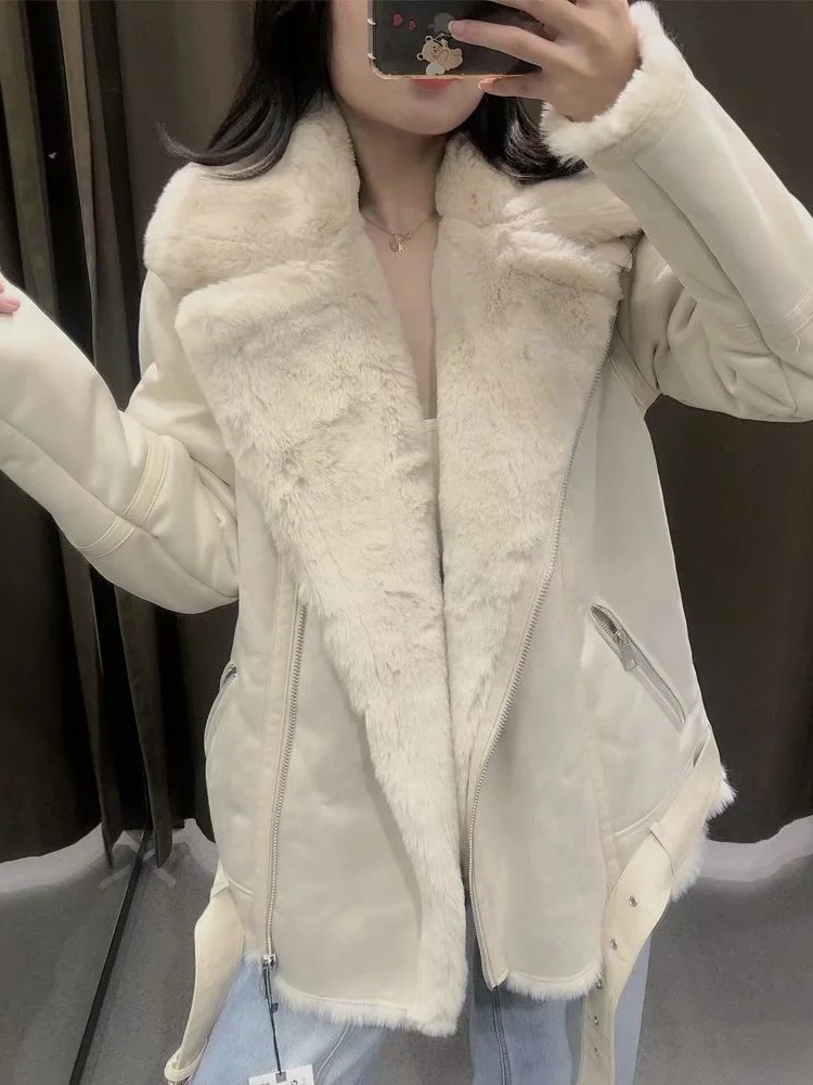 Women's Leather Faux style women's double-sided coat with fur lamb hair Winter Coat plus velvet 220928