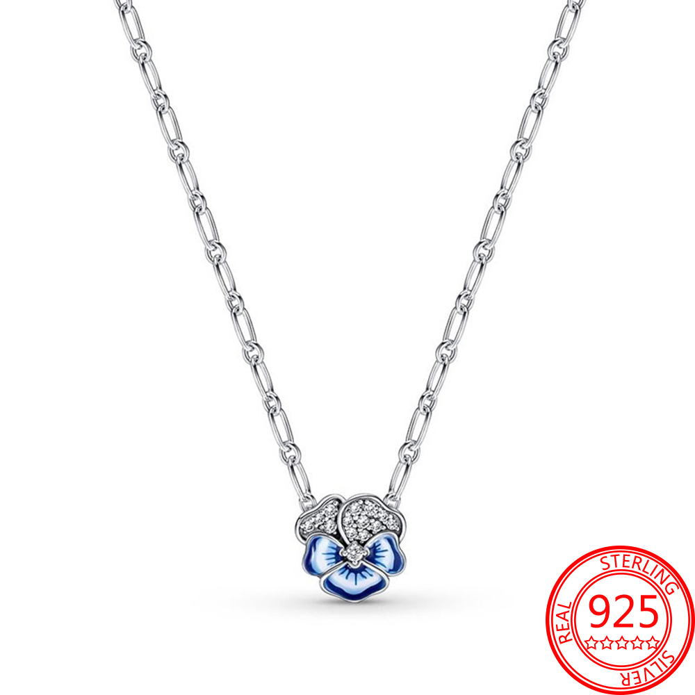 New Fashion 925 Sterling Silver Bracelet Necklace Romantic Gem Blue Tricolor Flower Earrings Pendant Girl Jewelry Gift