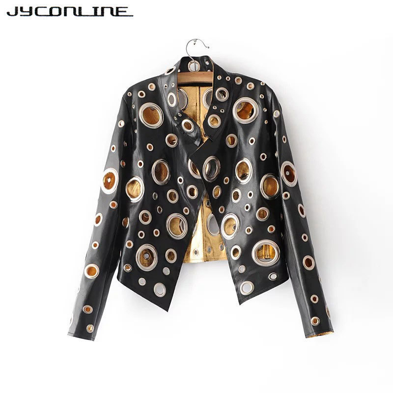 JYConline 2017 Fashion PU Women Jacket Autumn Metal Motor Punk Bomber Jacket Silver Golden Hollow Out Jacket Female Streetwear S18101302