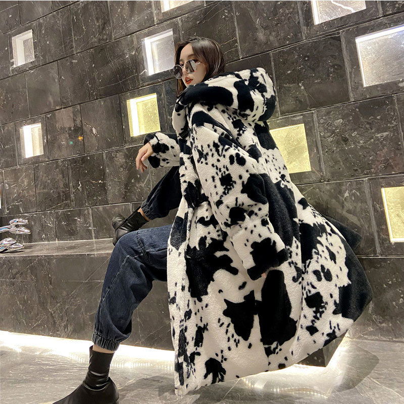 Women's Fur Faux Winter Parka Jacket Women Thickened Cow Pattern Hooded Coat Lengthened Oversize Overcoat Veste Fourrure Homme 220928