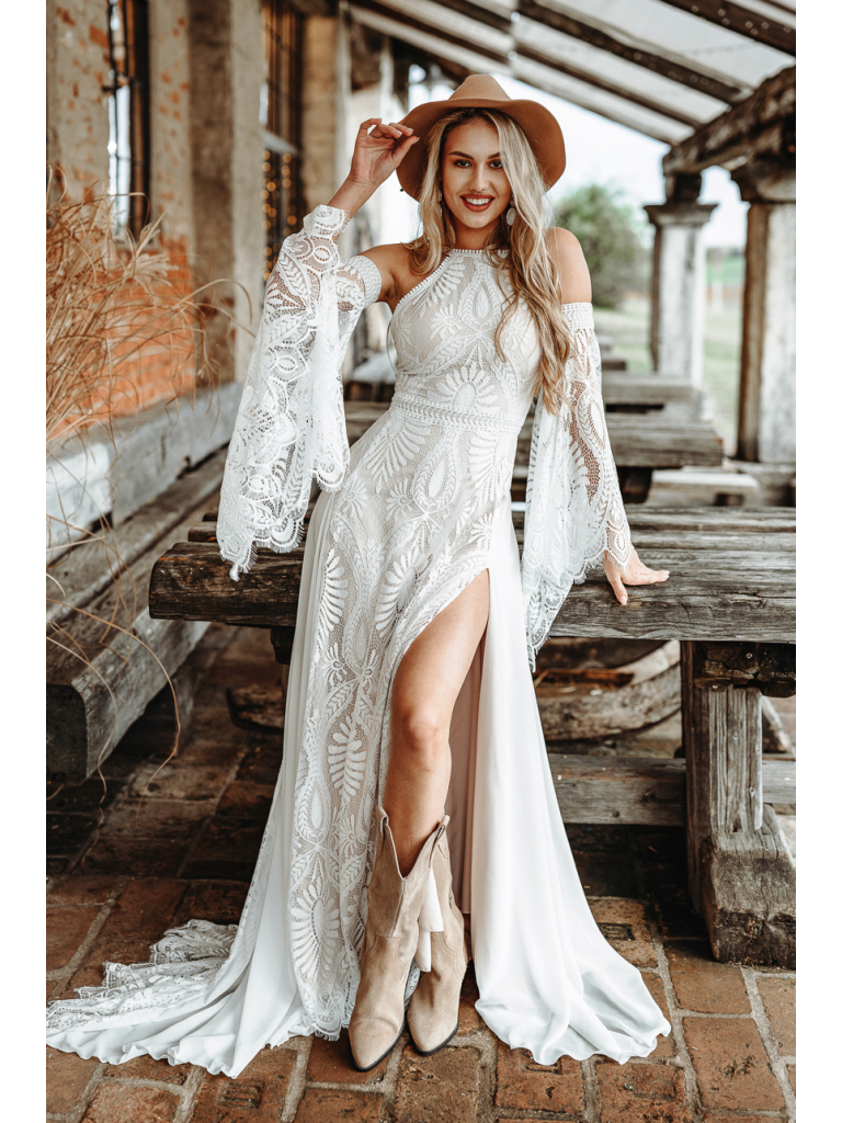 Chic Crochet Lace Bohemian Wedding Dress With Detachable Poet Long Sleeves Thin Straps Deep Split Side Beach Bride Gown Hippe Country A-Line Vestido D