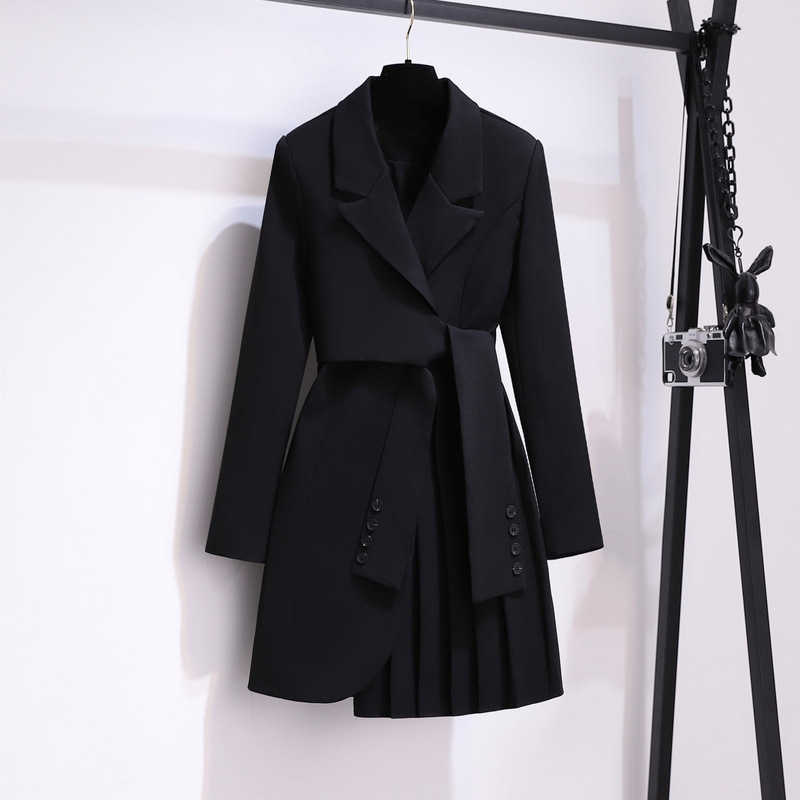 Trench Coats EVLOOKS Suit Dress Mid-length Jacket Style Waist Slimming Design Casual Loose Pleated Trench Coat New Women Autum Winter 2022 Y2209