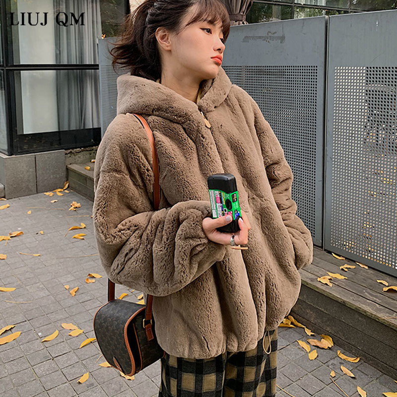 Women's Fur Faux Oversize Parkas Winter Jacket Female Loose Rabbit Zip Hooded Thicken Short Coat Thick ry Warm 220928