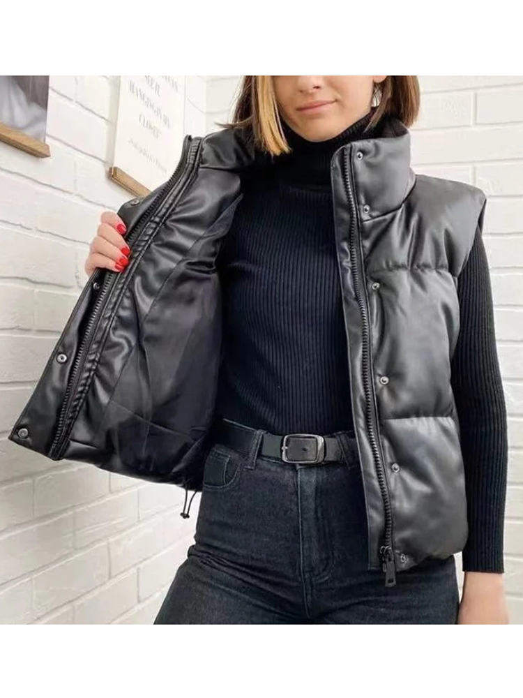 Women's Vests Elina Black Stand Collar Fashion Zipper PU Leather Coats Elegant Autumn Winter Short Female Ladies IAC 220928