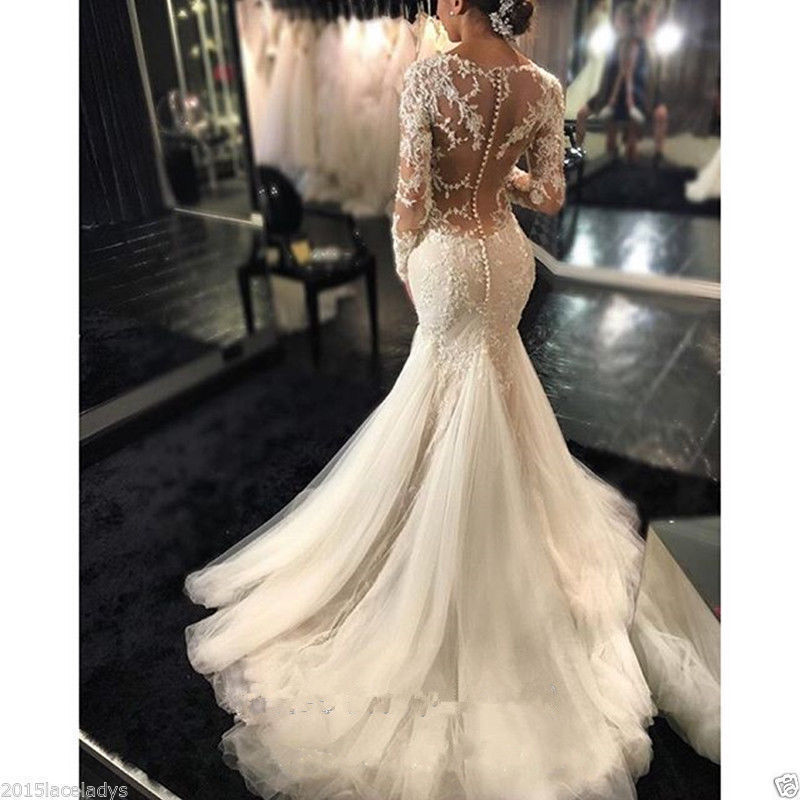 Plus Size Mermaid Wedding Dress Lace V Neck Arabic Aso Ebi Long Sleeves Sexy Bridal Dresses Romantic Appliques Ruffles Gowns 403