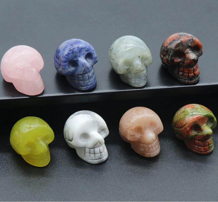 Natural Stone Carved Skull Decoration Tiger's Eye Rose Quartz Healing Crystal Halloween Gift Room Ornament