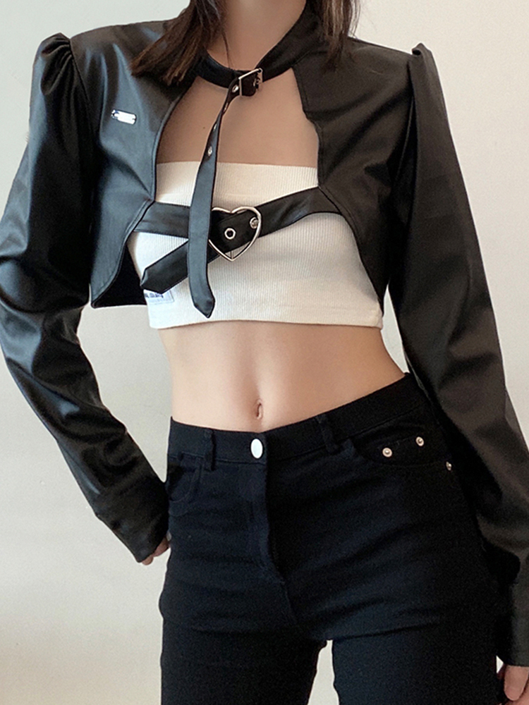 Women's Leather Faux Weekeep Gothic Black PU Jacket Women One Shoulder Halter Buckle Hip Hop Outfits Fashion Streetwear Cropped Jackets Solid 220