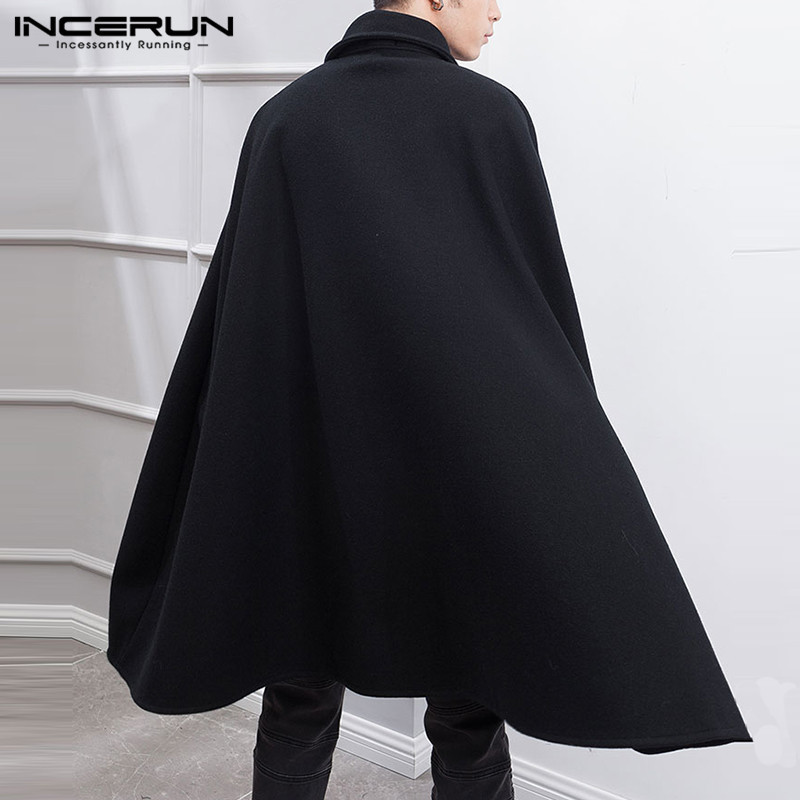 Men's Wool Blends INCERUN Fashion Men Cloak Coats Solid Color One Button Lapel Cape Trench Streetwear Winter Faux Blends Overcoat Men Jackets 220