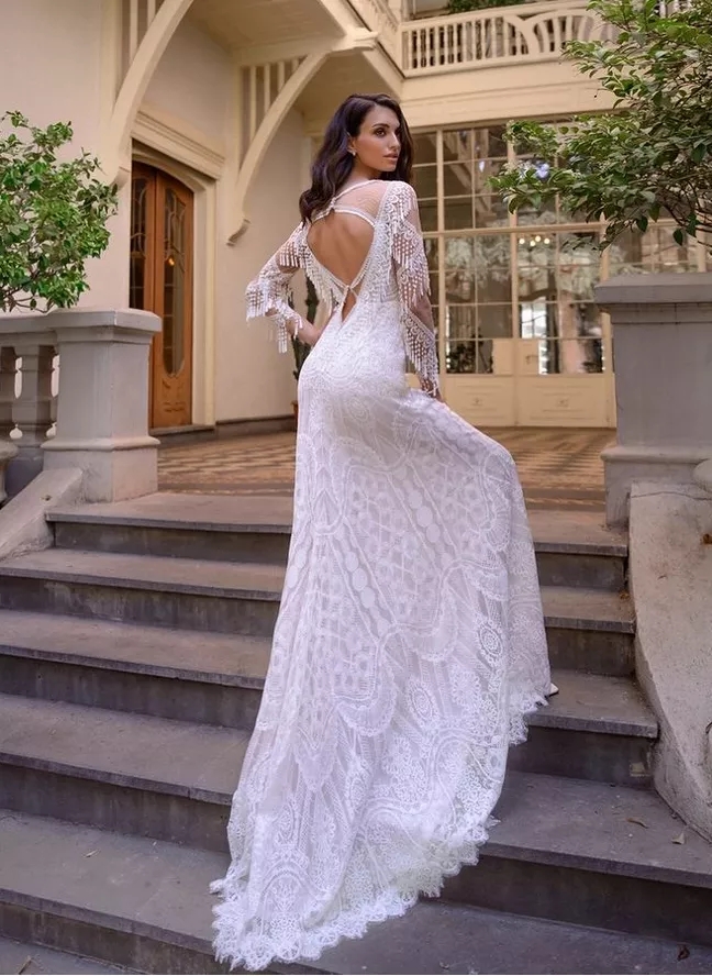 2023 Unique Bohemia Tassel Lace Mermaid Wedding Dresses Chic Long Sleeve Backless Boho country Bridal Gowns
