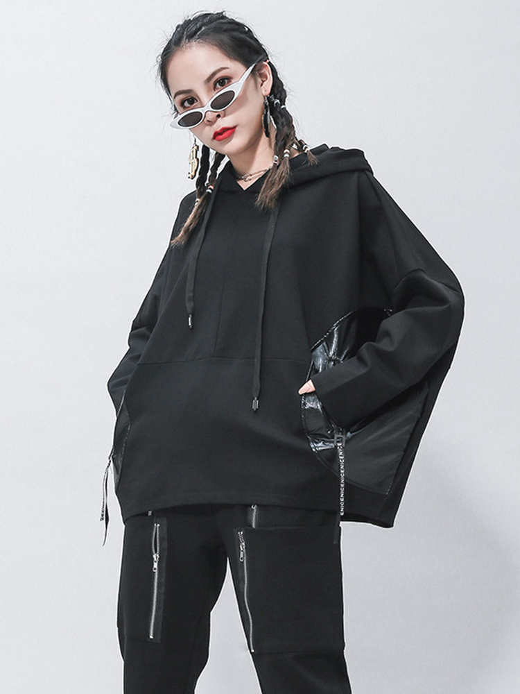 Women's Hoodies Sweatshirts EAM Loose Fit Black Split Joint Pocket Sweatshirt Round Neck Long Sleeve Women Big Size Fashion Spring Autumn 1Z323 2