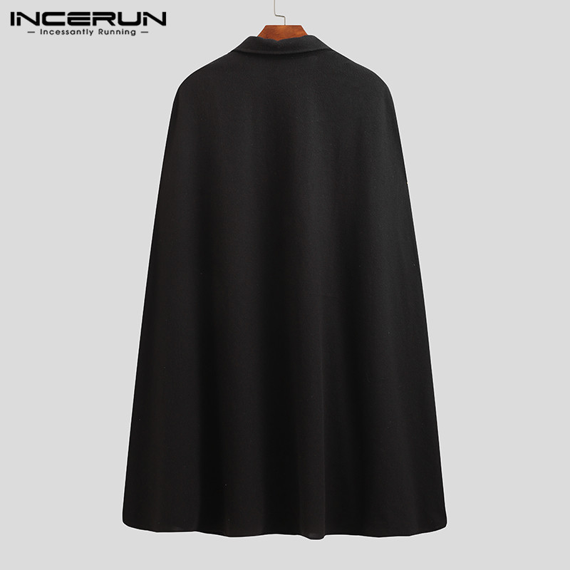 Men's Wool Blends INCERUN Fashion Men Cloak Coats Solid Color One Button Lapel Cape Trench Streetwear Winter Faux Blends Overcoat Men Jackets 220